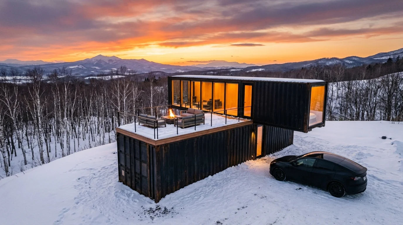 コンテナヴィラ外観 — Corten鋼 黒マット仕上げ