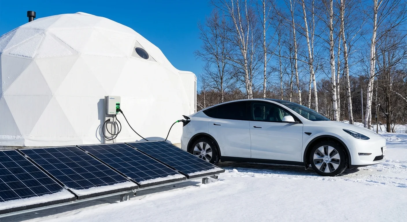 Tesla Model Y + V2H ステーション + ソーラーパネル — EPSドーム前