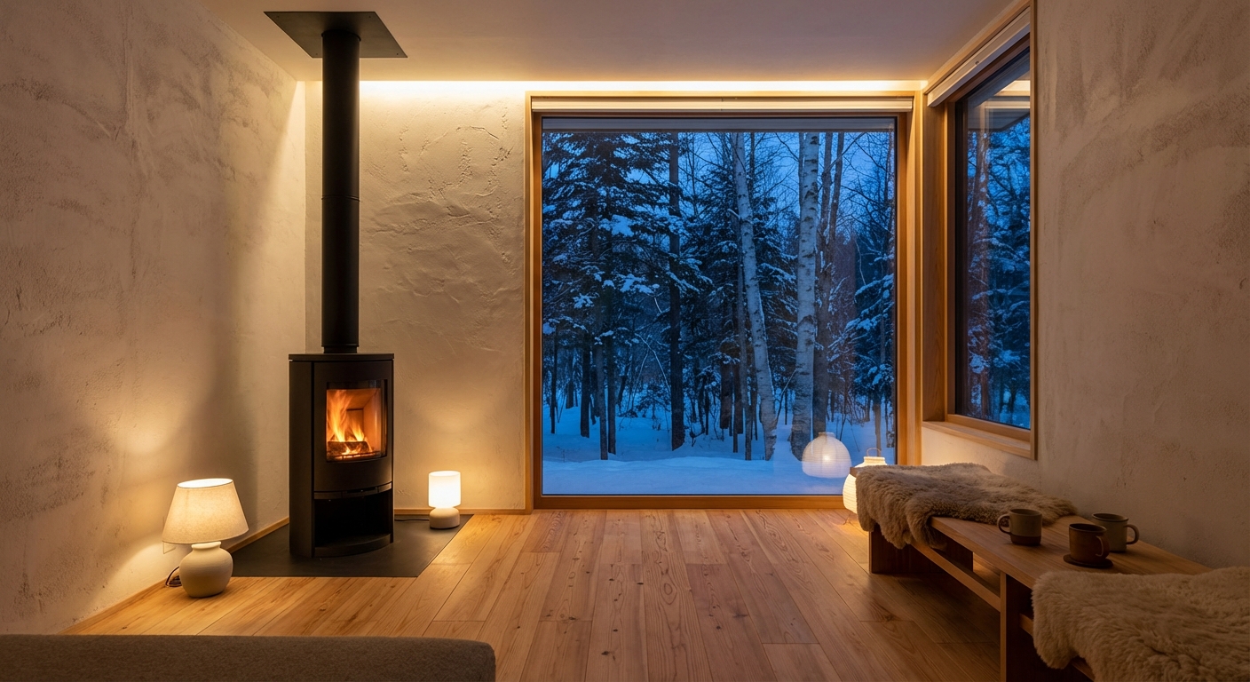 漆喰×珪藻土×カラマツ — OFF-GRID CABIN 内装